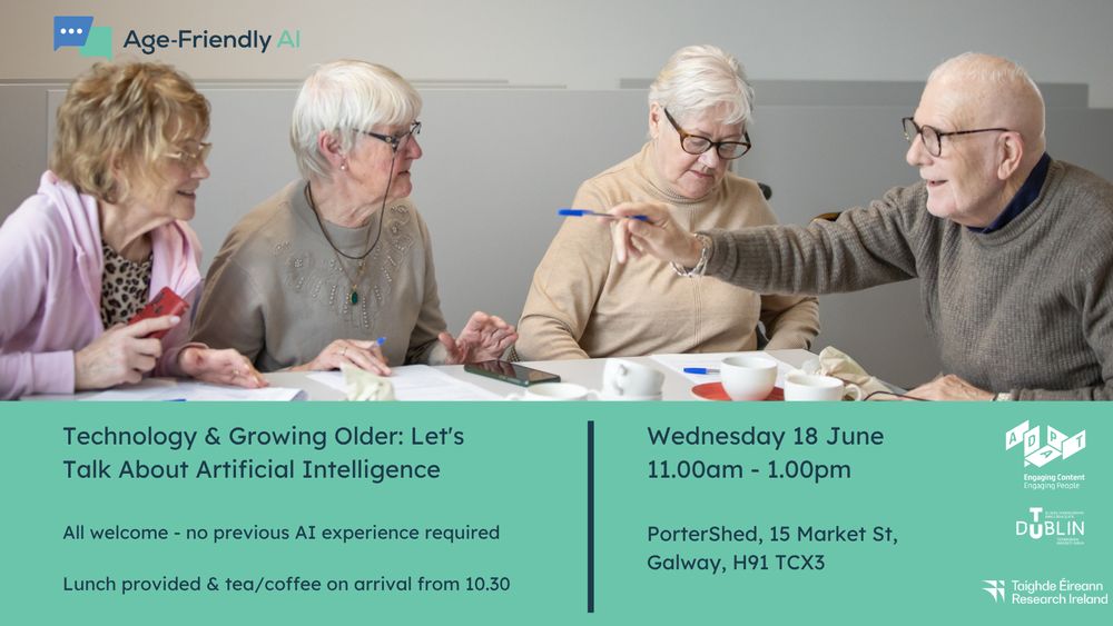 Event flyer feat. an image of older adults chatting at a discussion table during an Age-Friendly AI event. Flyer text promotes a free AI discussion event on Wednesday 18 June in Galway, with lunch and refreshments provided.