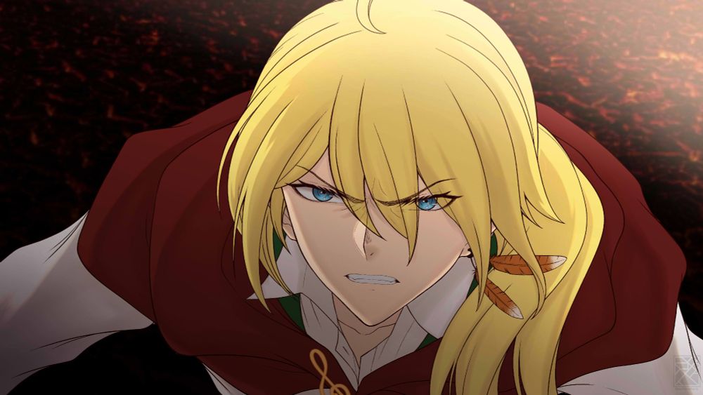 A blonde man dressed like a bard looking angrily towards the viewer