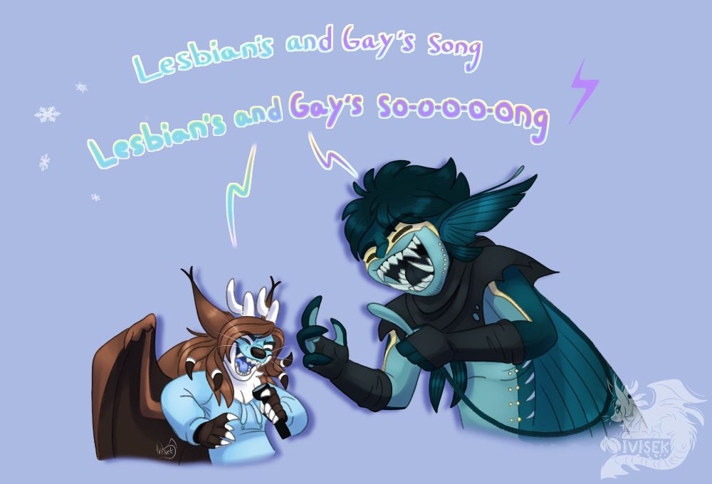 Blue and brown dragon holding a flashlight as microphone singing together with humanoid Blitz from Pressure