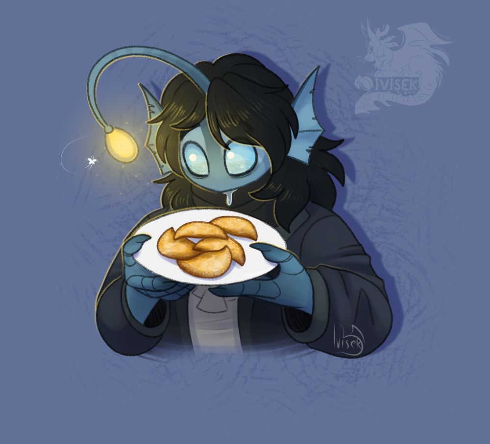 Sebastian Solace from Pressure is staring at plate full of empanadas with wide eyes and a little drool