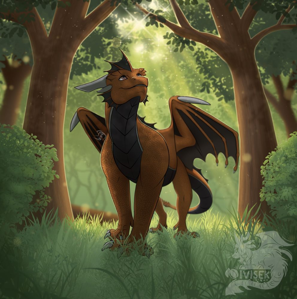 Orange dragon going through sunny forest