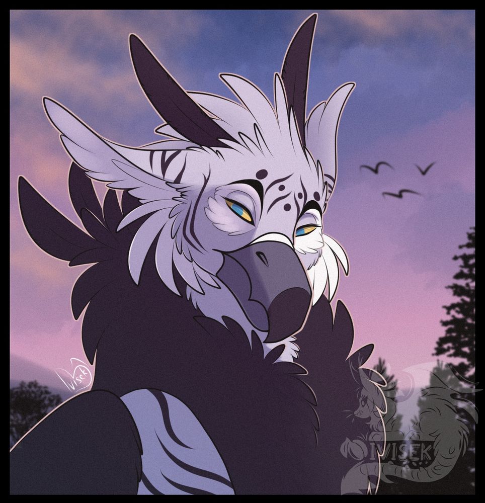Griffon character with twilight sky and trees in the background