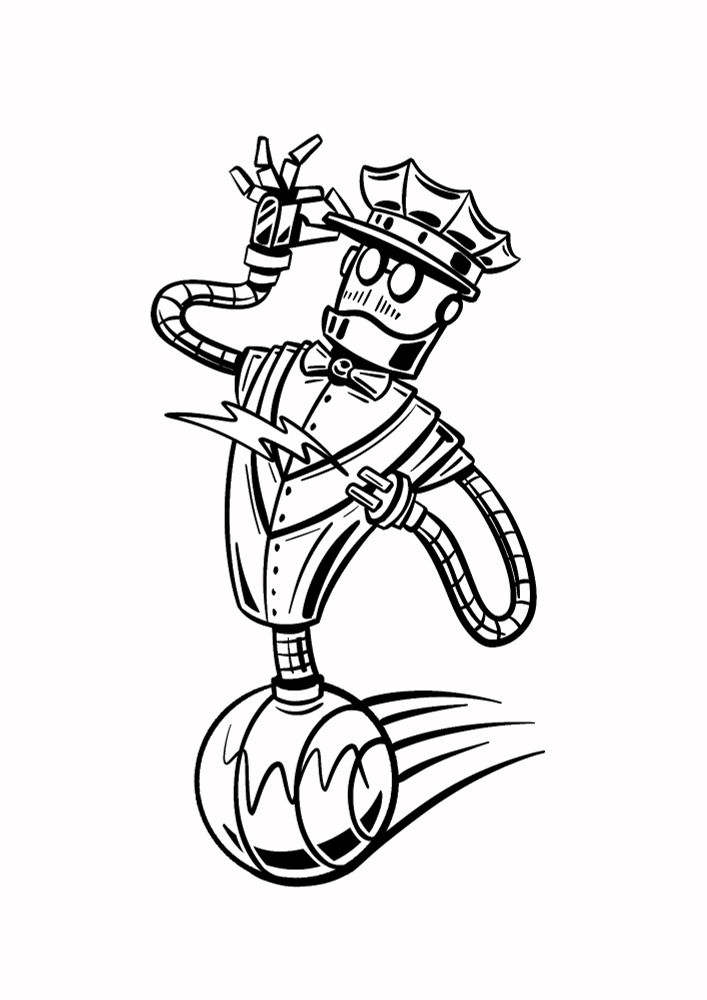 A robot valet with a rollerball for feet. He tips his cap while the other metal cable arm ends in a socket emitting a lightning bolt.