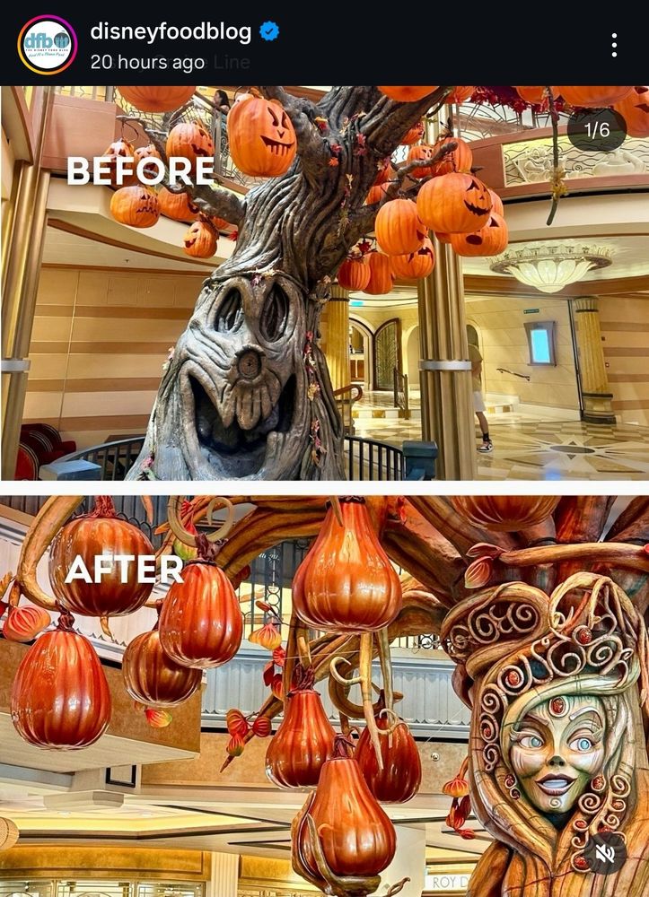 A before and after comparison of a Halloween tree on the Disney Treasure. The old one is a classic spooky tree with jack o lanterns hanging from its branches. The new one has an ornately carved feminine face, scrollwork and metallic gourds on the branches.
