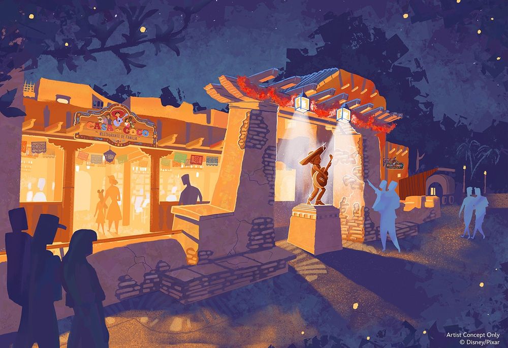 Concept art for Casa de Coco. At night, guests approach a brightly lit pueblo style building. At the stone entrance arch is a bronze statue of Miguel from Coco, strumming a guitar.