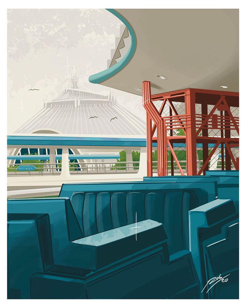 A painting of the TTA overlooking Space Mountain.