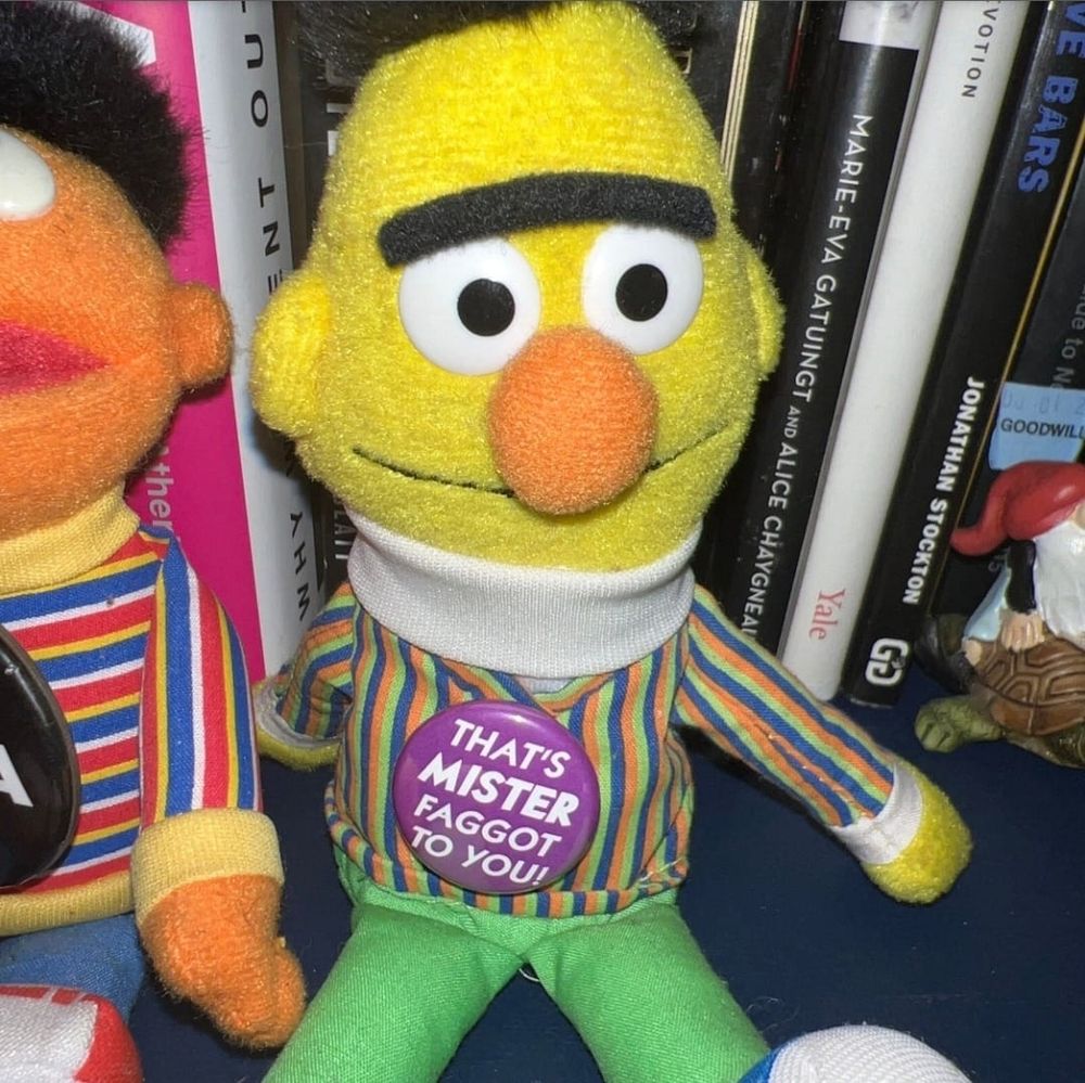 Bert from Sesame Street with a pin that says "That's MISTER Faggot to you!"