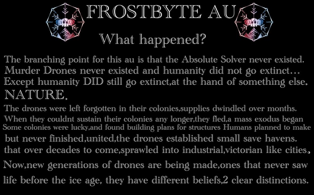 FROSTBYTE AU

What happened?

The branching point for this au is that the Absolute Solver never existed.
Murder Drones never were created by it and humanity did not go extinct...
Except humanity DID still go extinct,at the hand of something else.

NATURE.

The drones were left forgotten in their colonies,supplies dwindled over months.
When they couldnt sustain their colonies any longer,they fled,a mass exodus began Some colonies were lucky,and found building plans for structures Humans planned to make but never finished, united, the drones established small save havens. that over decades to come,sprawled into industrial, victorian like cities.
Now,new generations of drones are being made ones that never saw life before the ice age, they have different beliefs,2 clear distinctions,battling to dictate the future,however meaningless it may be in the end.