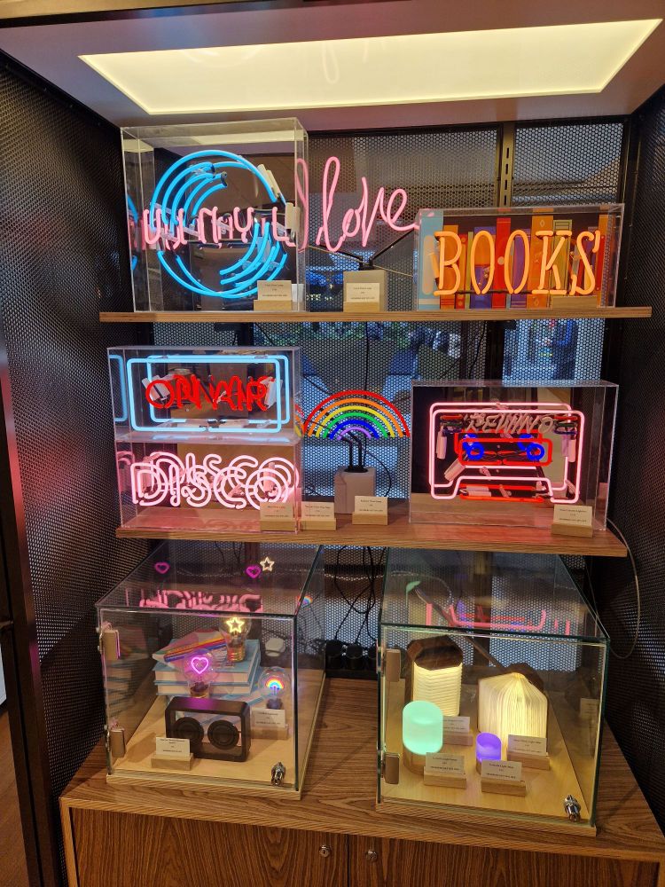 Tube lights, including some saying Books, Love and On Air, in the Southbank Centre shop