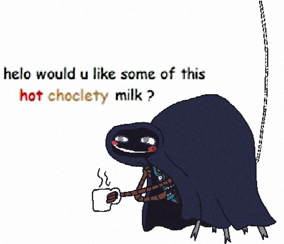 A deep fried meme featuring lyle from look outside, the text reads: helo would u like some of this hot choclety milk ?
