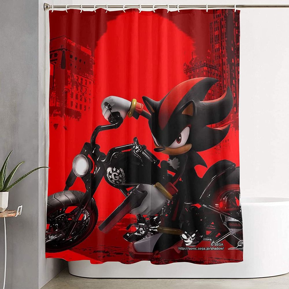Shadow the hedgehog shower curtain. It is very red. Shadow is on a motorcycle and he has a gun. The default fake bathroom showcasing this curtain is all white. 