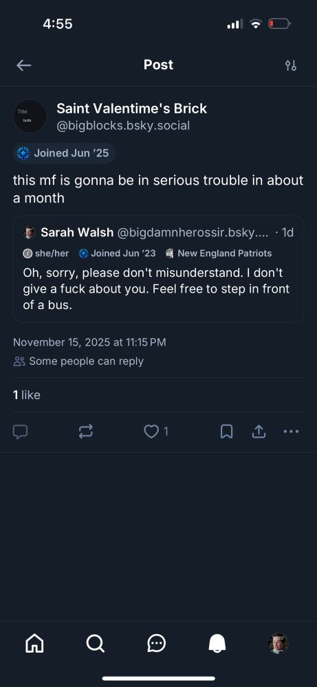 Saint Valentime's Brick @bigblocks.bsky.social
Joined Jun '25
this mf is gonna be in serious trouble in about a month
Sarah Walsh@bigdamnherossir.bsky.... • 1d
• she/her
Joined Jun '23
a New England Patriots
Oh, sorry, please don't misunderstand. I don't give a fuck about you. Feel free to step in front of a bus.
November 15, 2025 at 11:15 PM