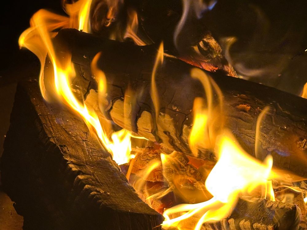A fairly close shot of a campfire, several logs in orange flame.