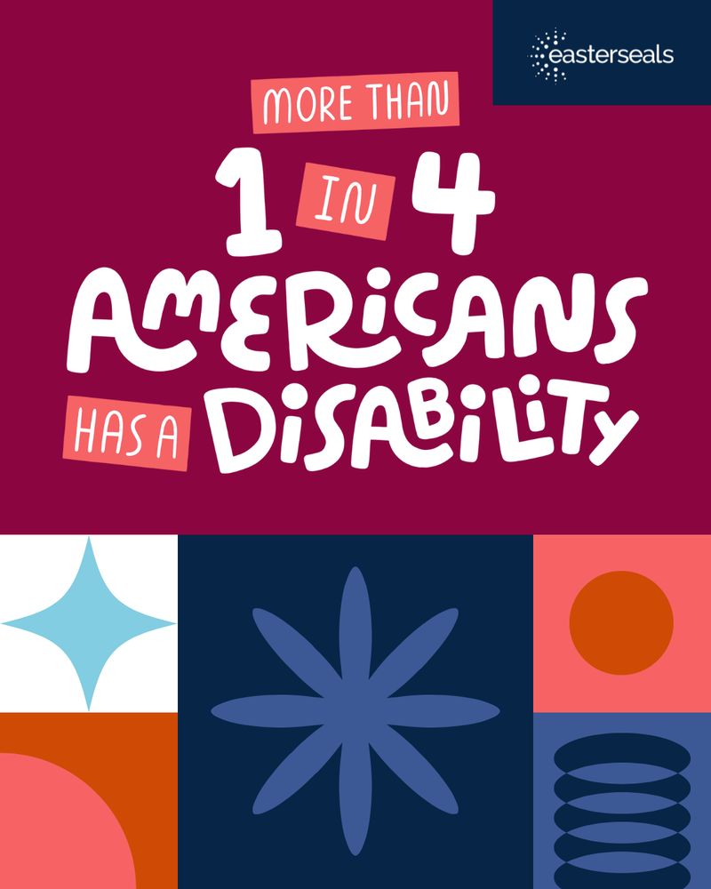 An informational graphic stating 'More than 1 in 4 Americans has a disability,' with Easterseals logo. Features bold typography on a colorful geometric background.