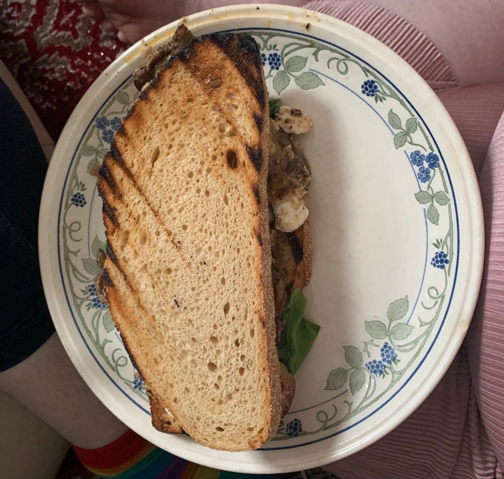 a philly cheesesteak sandwich on white sourdough bread on a white plate with flower decorations. it is an insanely greasy sandwich (positive)
