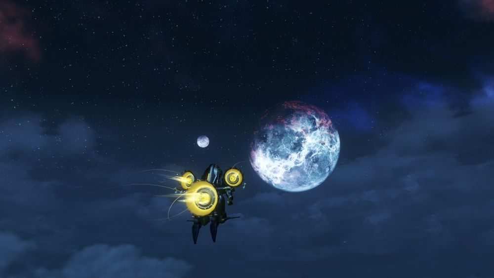 Capture d'écran de Xenoblade Chronicles X, où on y voit un Skell (robot géant du jeu) voler dans un ciel nocturne, avec deux lunes en arrière plan.