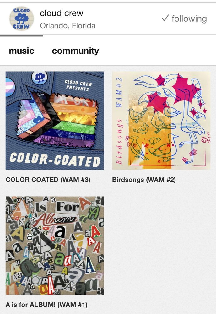 screenshot of the cloud crew bandcamp page, with our 3 albums, A is for Album, Birdsongs, and Color Coated