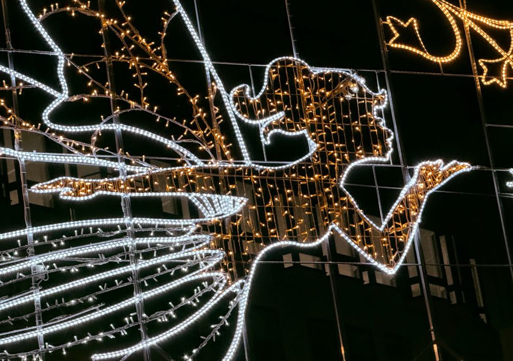 A large Christmas street decoration in the shape of an angel