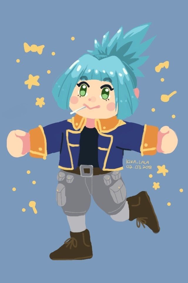 Sora from yugioh arc-v in a chibi style. Blue background with yellow candy and star elements. He's in the same pose as Yuzu in the next picture. 