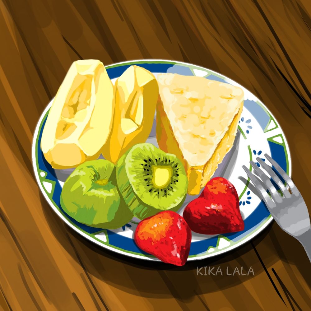 Still life of cake, apple slices, kiwi slices, and strawberry halves on a blue rimmed plate. There is a fork resting on the left side of the plate. The plate sits on a wooden table. 