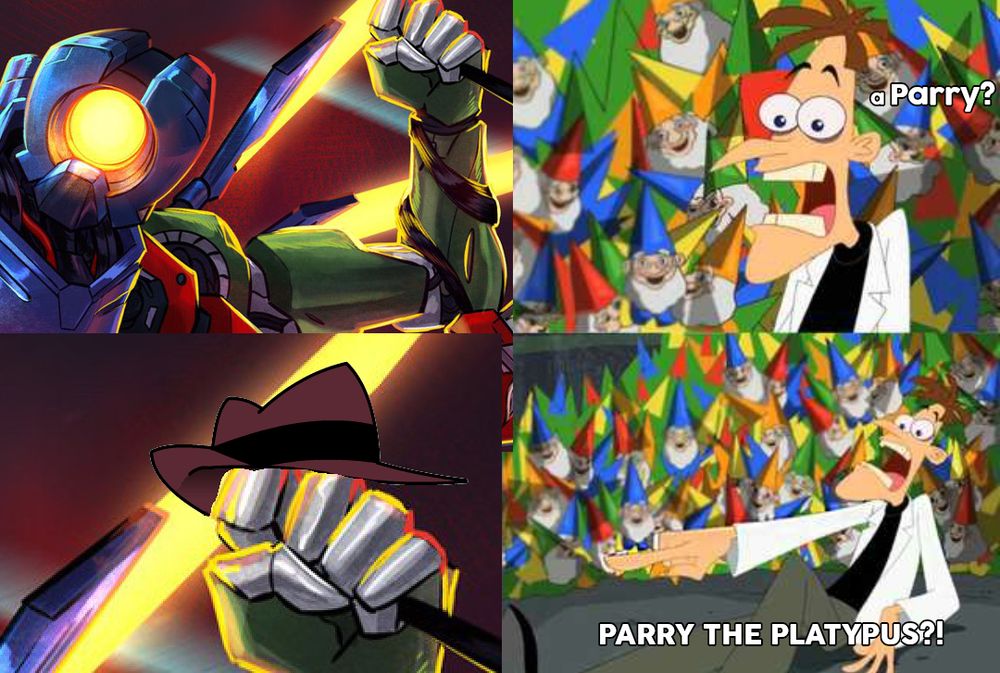 4 panel meme. First panel shows V1 from ultrakil. Second one shows surprised Doofenshmirtz saying "A parry?" 
Third panel is zoomed onto V1's fist with a little fedora hat. Fourth one shown scared Doof screaming "PARRY THE PLATYPUS?!"