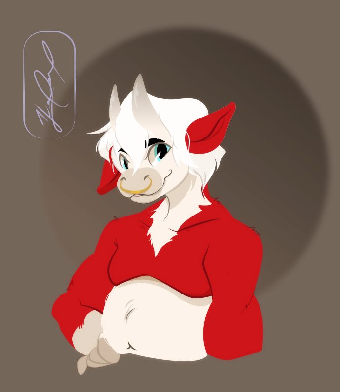 Rounded red and white cow character with a nose ring