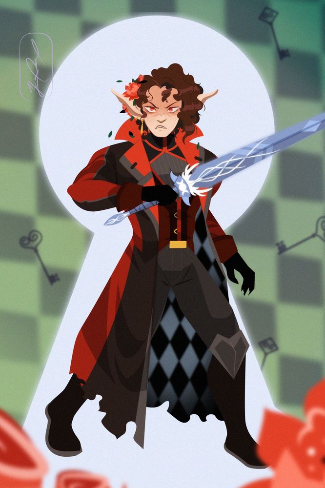 Sebastian, DnD fae princeling with frostbrand sword in red wonderland like outfit stands in front of key door frame (character owned by Stryx)