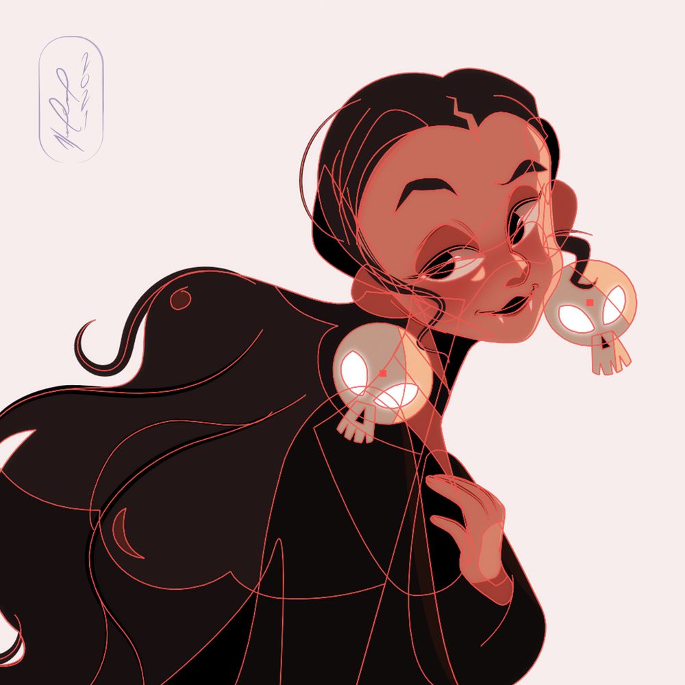 Illustration of vampire woman with the  vector paths used to create the piece highlighted in thin red line work. 