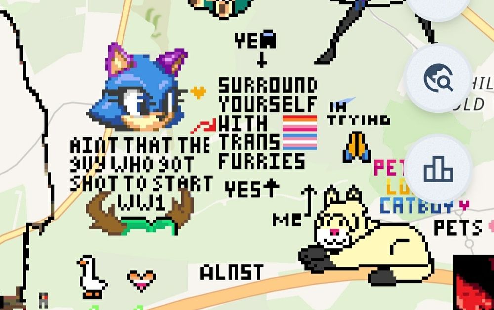 A pixel art of my sonic oc with the text "Surround yourself with trans furries" next to a lesbian and transgender pride flag. There are additional messages of people agreeing with the sentiment