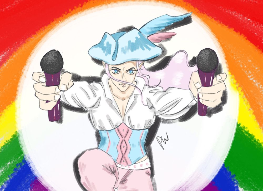 a sketchy painting of an elf in pirate wear in a dynamic pose. he's holding two microphones out in front of him and his clothes are blue, white, and pink.