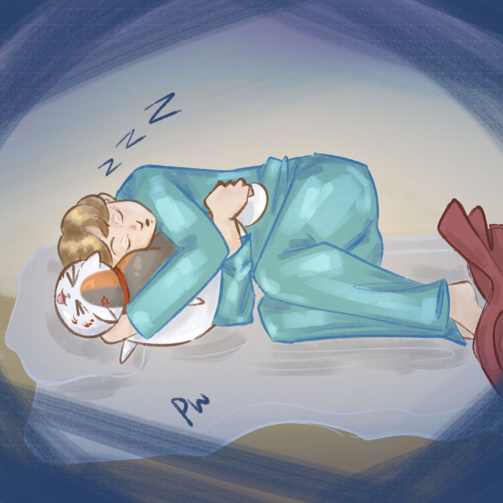 A doodle of Natsume and Nyanko-Sensei from Natsume's Book of Friends. Natsume is asleep and cuddling a reluctant Nyanko.