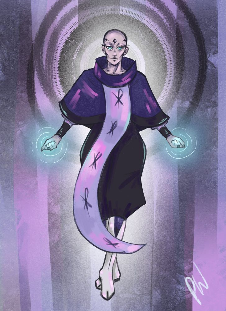 A digital painting of a monk-like character in a palette of purples, pink, blue, and black. They are bald and have tattoos circling their head. Their hands are fisted at their sides with a blue glow emanating from them.