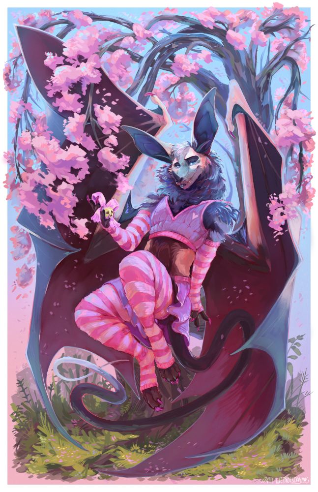 A bat wearing striped socks and arm warmers beneath a tree full of pink flowers while holding a bow and bell in his hand. 