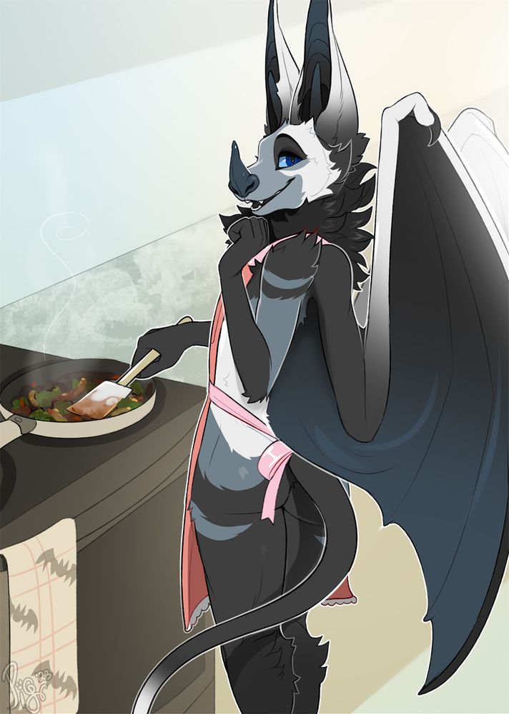 A bat in an apron cooking food on the stove. 