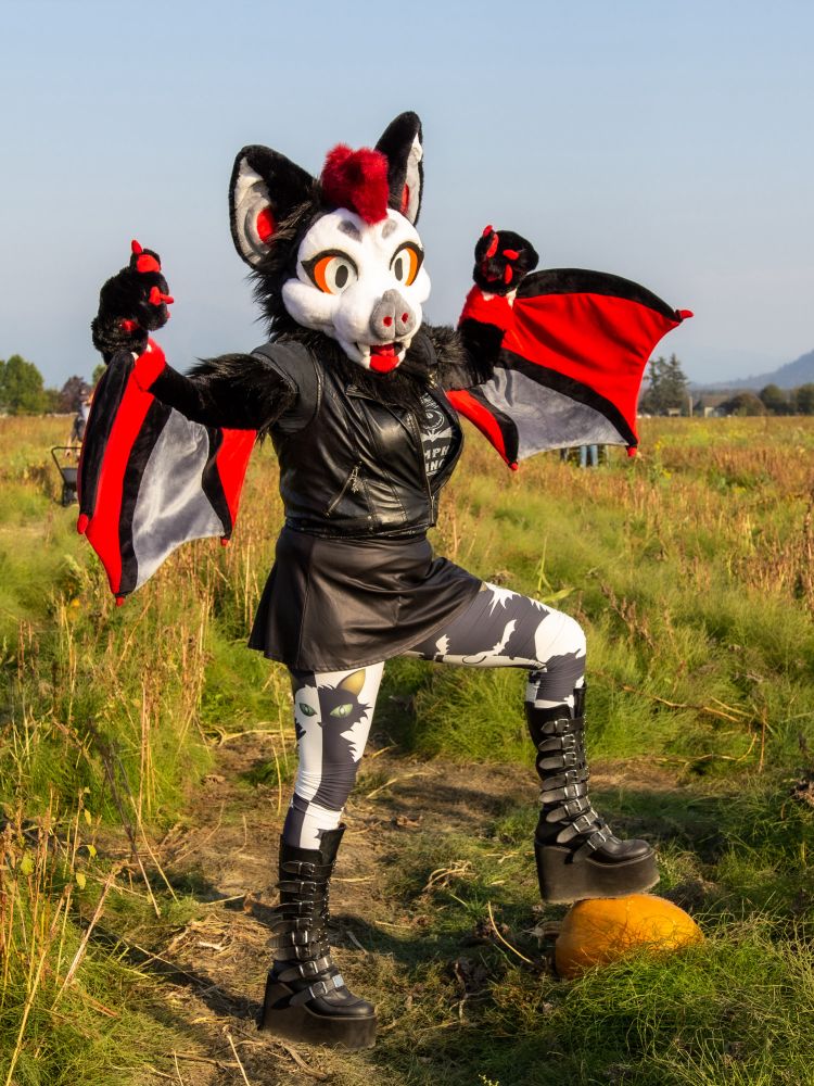 Another photo with one foot up on a pumpkin and both fists in the air