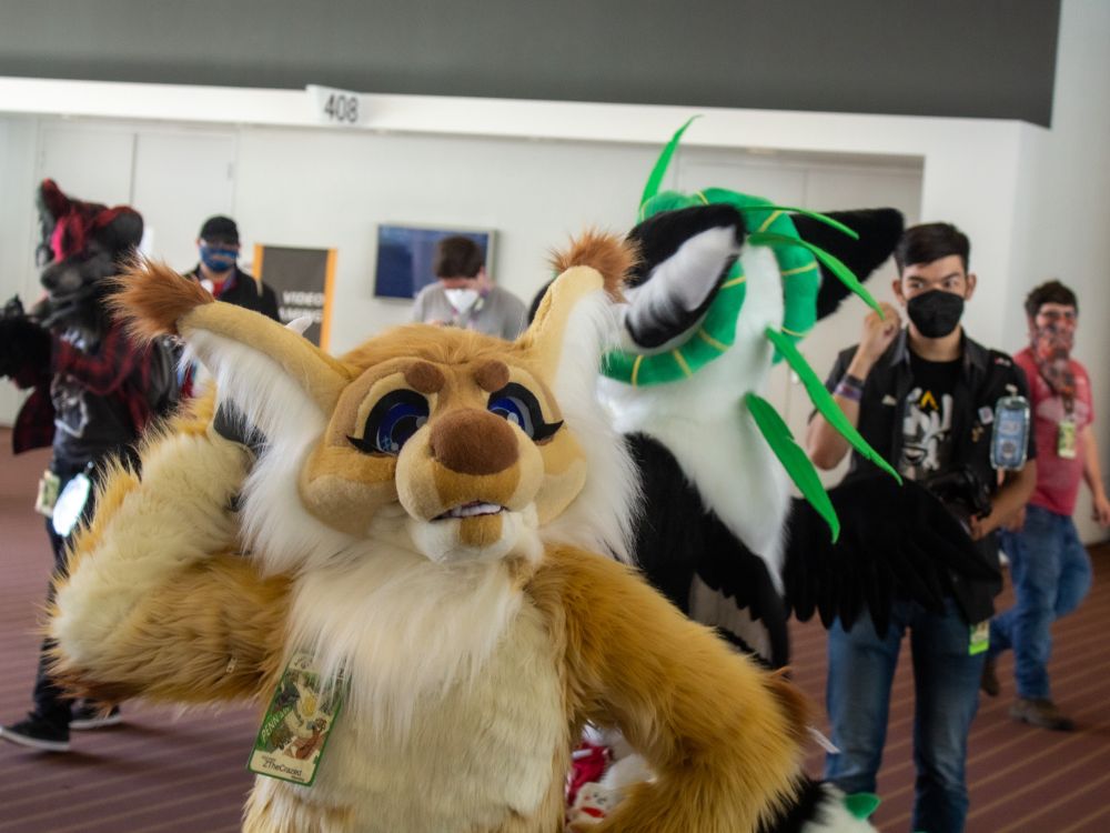 A final shot with the tail released and the fursuiter posing for the camera. 