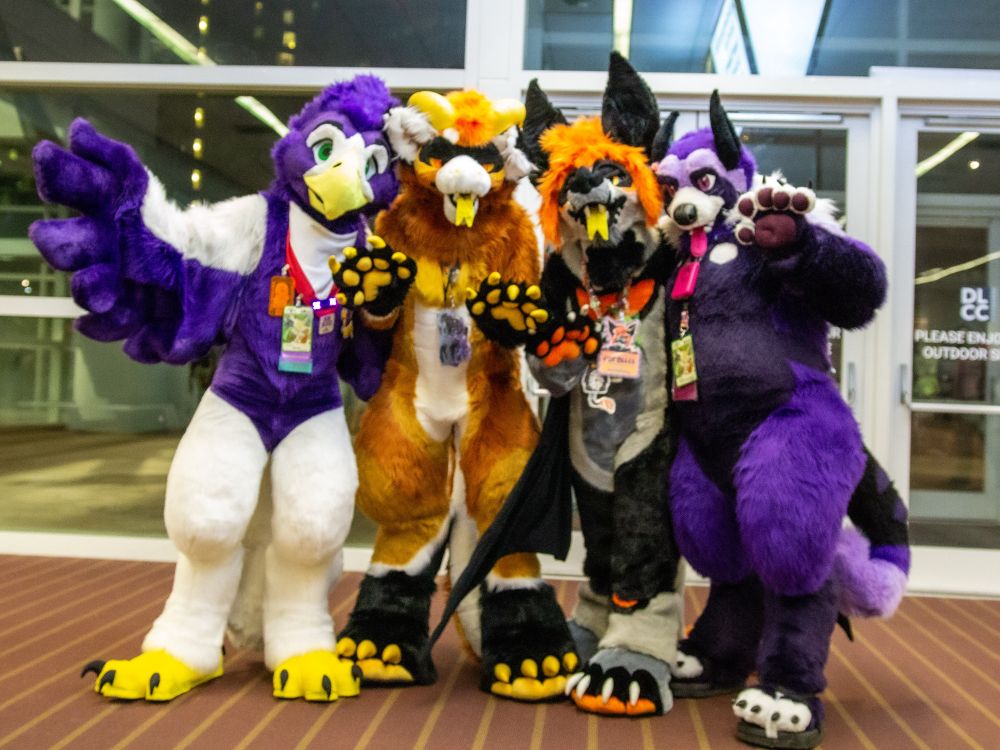 A group of fursuiters standing together. An eagle, dragon, bat, and binturong