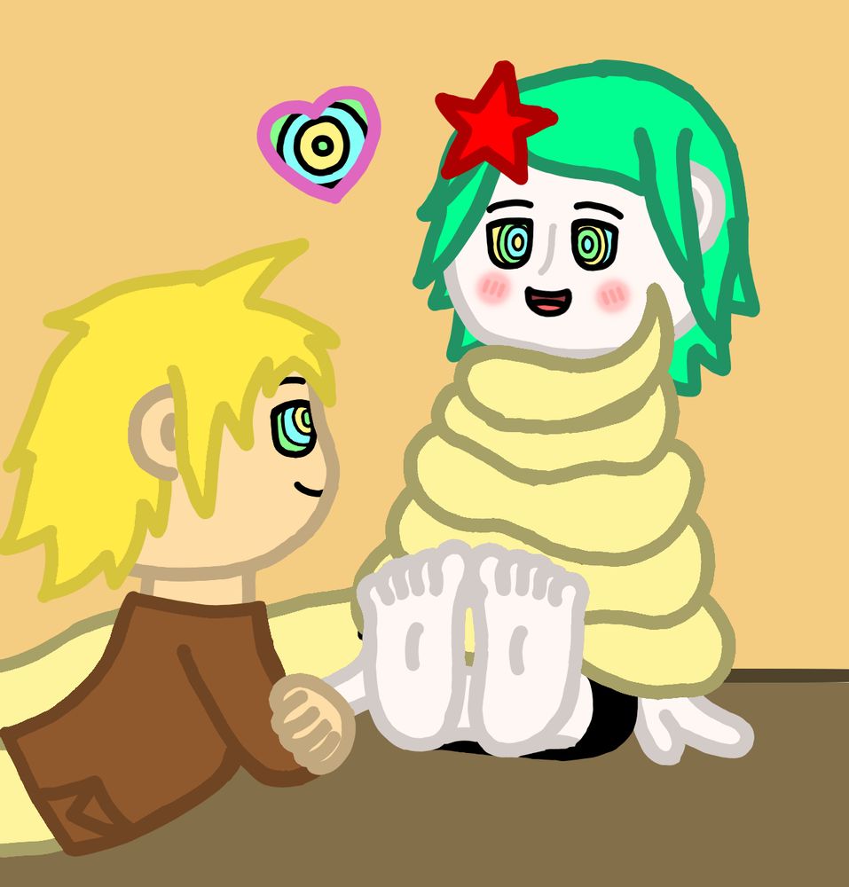 Naga Milo wrapping his coils around Zinna, hypnotized and showing off her feet.