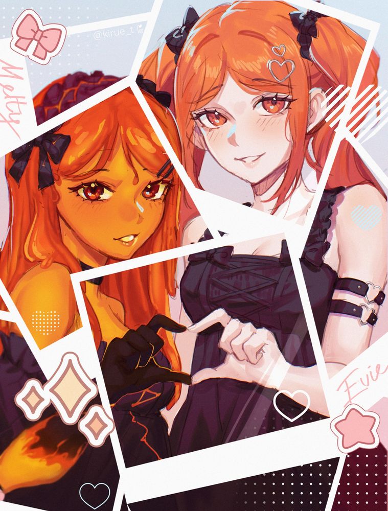 Illustration of @evieluv's original characters (OCs) Melty and Evie, rocking Lolita fashion outfits and creating a heart sign with their hands! The illustration is made like to look like a stack of polaroid photo's that form the scene together, decorated with various stickers. Drawn for Artfight 2025!