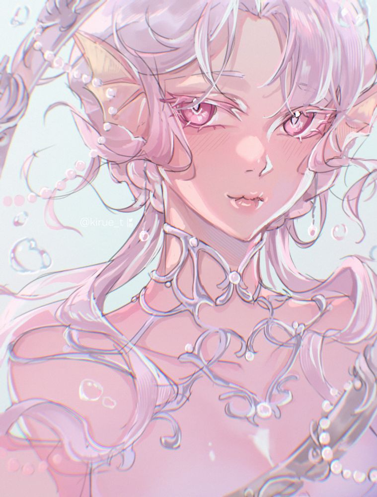 Bust-up Pastel-themed Illustration of @/peanutknows OC Zexi, a Chinese mermaid! She's wearing a very elaborate silver neck jewellery piece with pearls, which are repeated in the silver frame with pearl details around her. Drawn for artfight 2025!