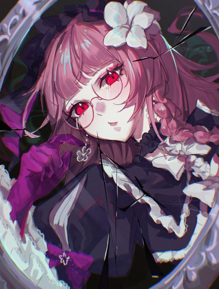 Illustration of @ailythe's gothic lolita original character (OC) looking into a cracked mirror in a way that it looks like a portrait painting. Drawn for artfight 2025!