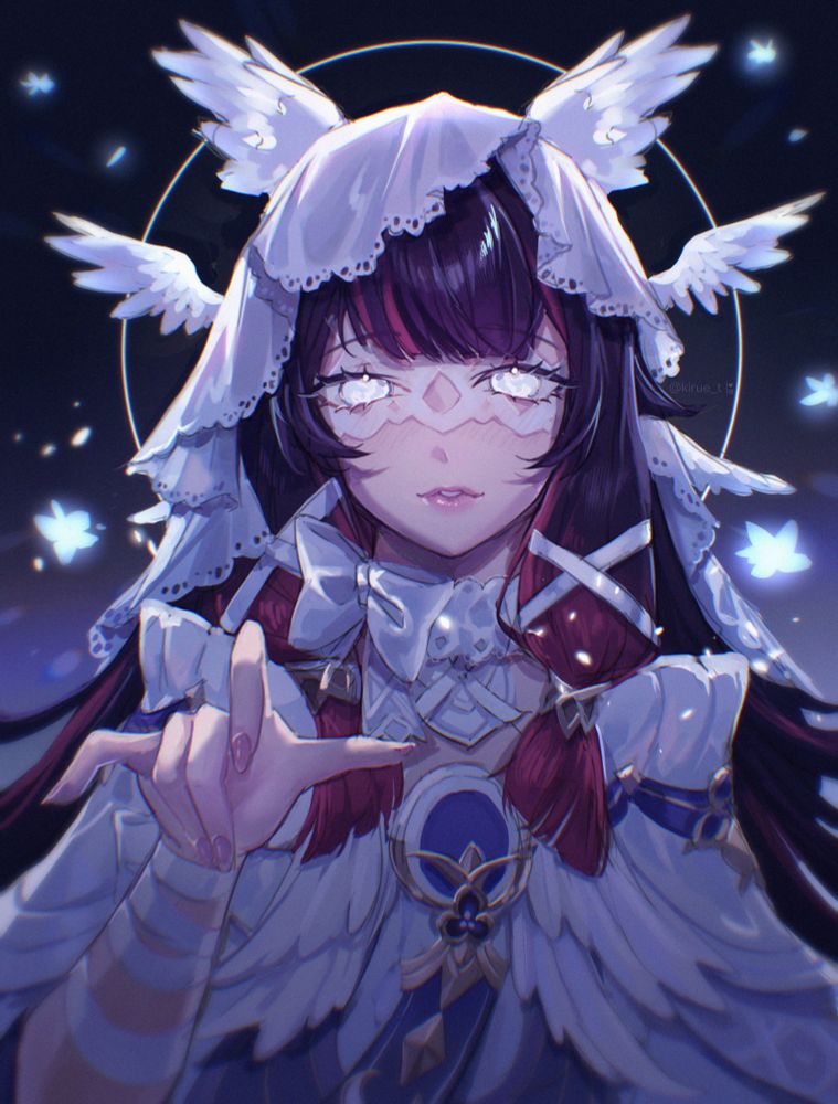 Fanart illustration of Columbina/Damslette from Genshin Impact. She is looking at the viewer, eyes half-open with irises resembling the moon. 