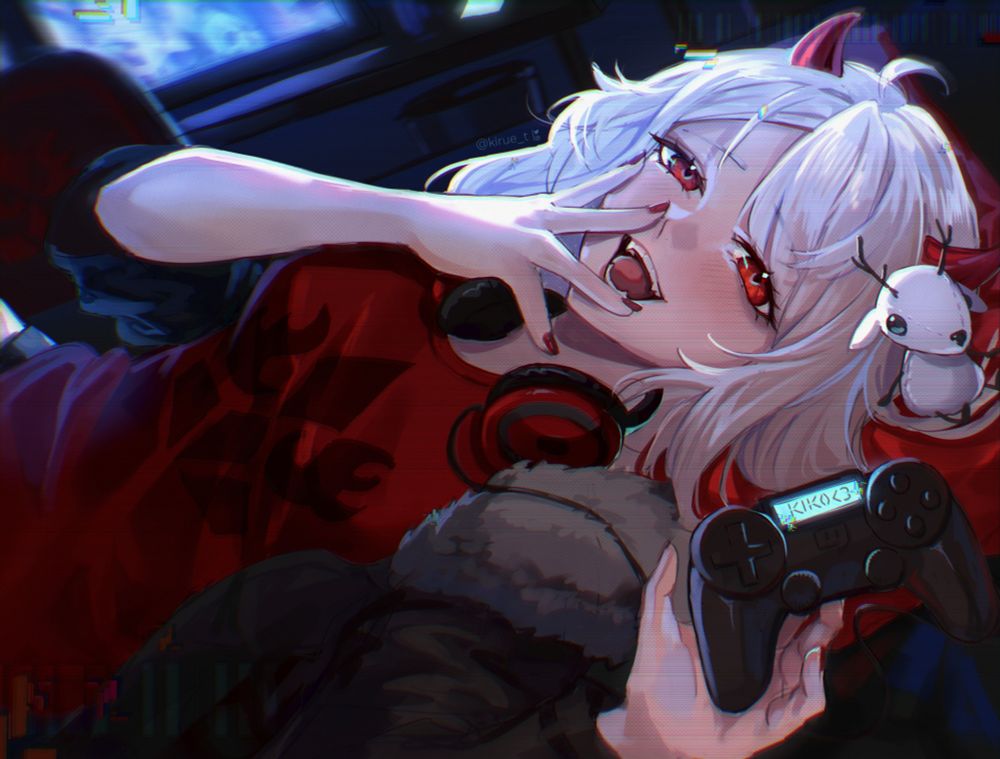 Illustration of @kikohinata's original character (OC), laying on her back in a dark room, illuminated by the blue glow of multiple monitor screens in the back. She is smiling mischievously, while holding a controller. Drawn for Artfight 2025!
