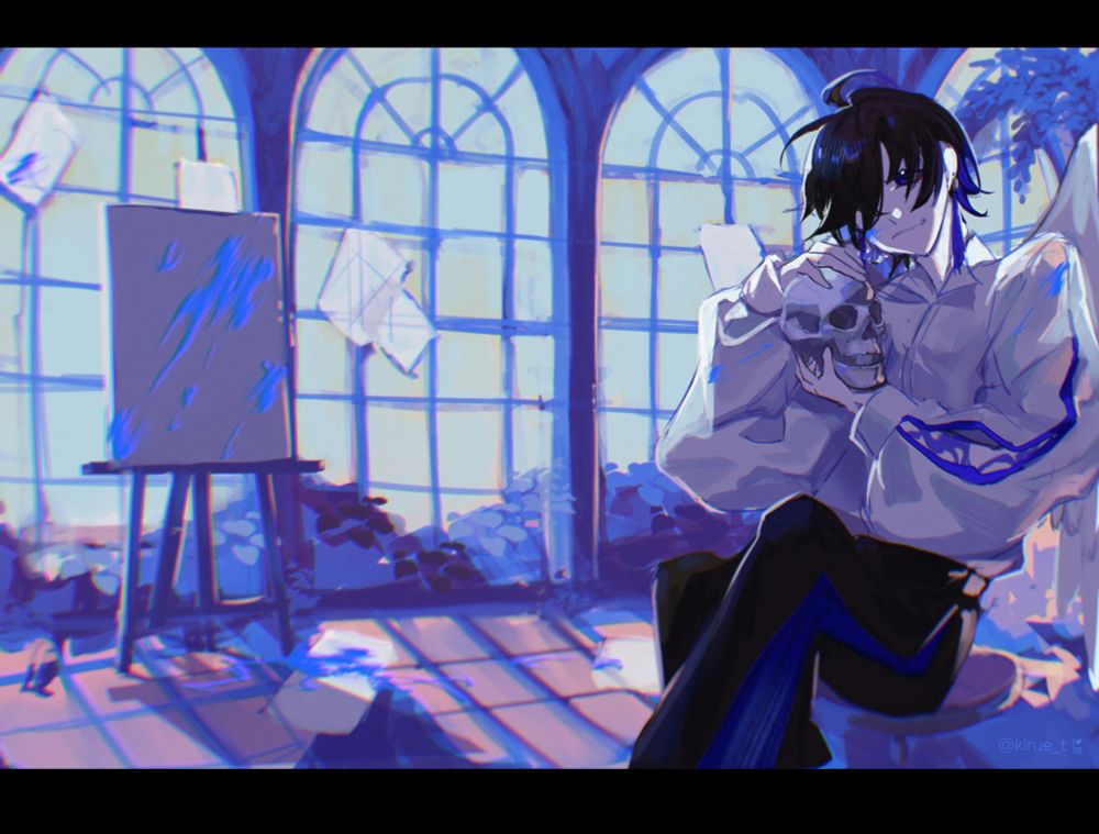 Illustration of @Duckdotduck's original character (OC) / persona, seated in a sunroom atelier, holding a skull. The entire illustration is in a purple, blue, orange and black palette. Drawn for artfight 2025!