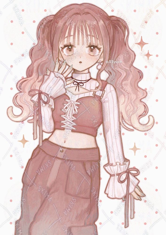 ピンクの髪でツインテールの女の子のイラスト。