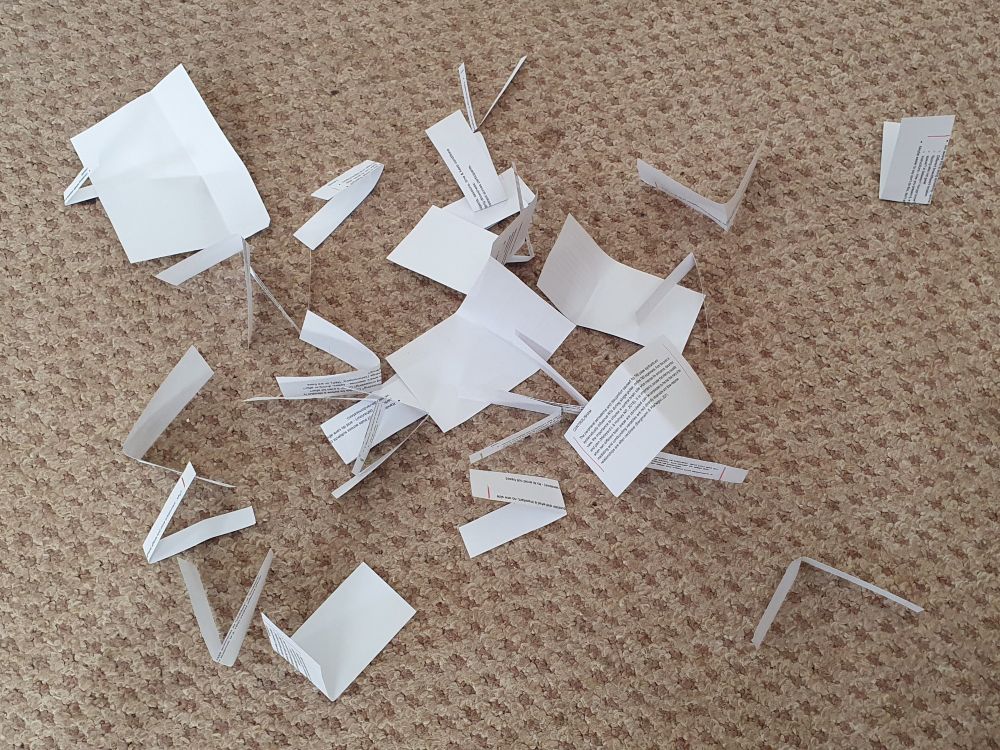 Twenty-nine folded pieces of paper of various sizes are scattered on an old, dirty, brown carpet somewhere in The Midlands of England. Each piece contains text selected and physically cut from a printed corpus of 23,000 words generated by the wonderful attendees of the even wonderfuller TMS@40 Workshop, held in Birmingham England, at the end of April, 2025. These printed snowflakes of neuroscience will be blown together into a paper reporting our 'position' on how TMS research should adapt to the age of open science. Watch this space. I don't mean the carpet, that would be weird. I mean it metaphorically. Literally speaking, you should watch this account for updates about the paper, and then read the paper please. Thank you. Fin.