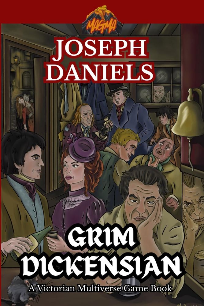Book cover for Grim Dickensian gamebook by Joseph Daniel's, depicting a victorian pub fool of people.