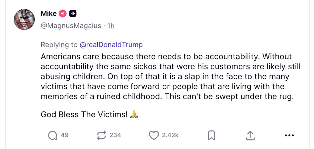 Reply on Truth Social about Epstein