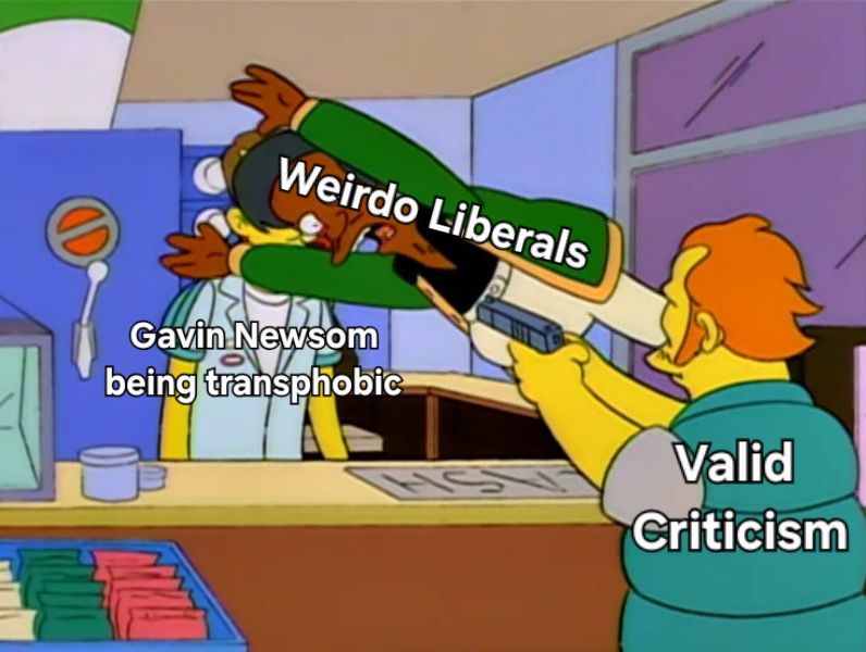 Simpsons meme post Valid Criticism shooting at Gavin Newsom being Transphobic Apu, Weirdo Liberals, jumping in the way