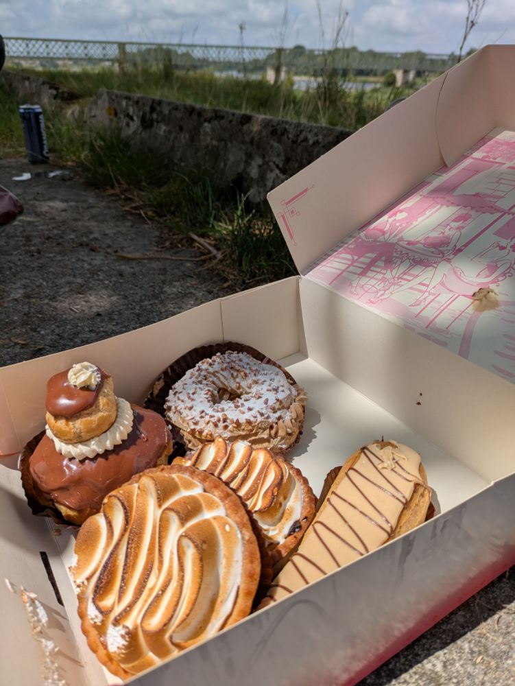 Five french patisseries in elegant sugar splendor sit in an open box in the open air.